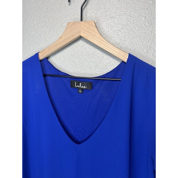 Lulu's Freestyle Blue Shift Dress Size Large Short Sleeve V-Neck Chiffon - Picture 4 of 7